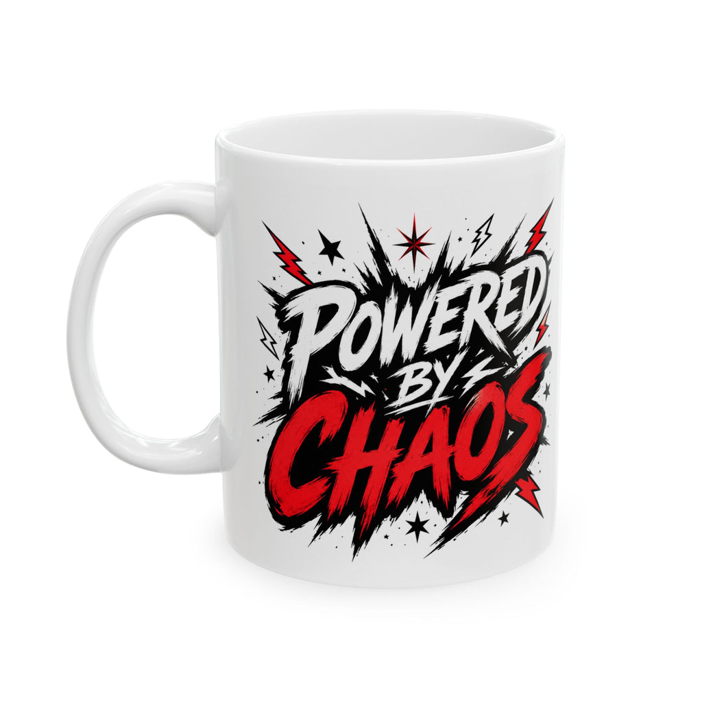 Powered by Chaos Mug – Funny Coffee Cup